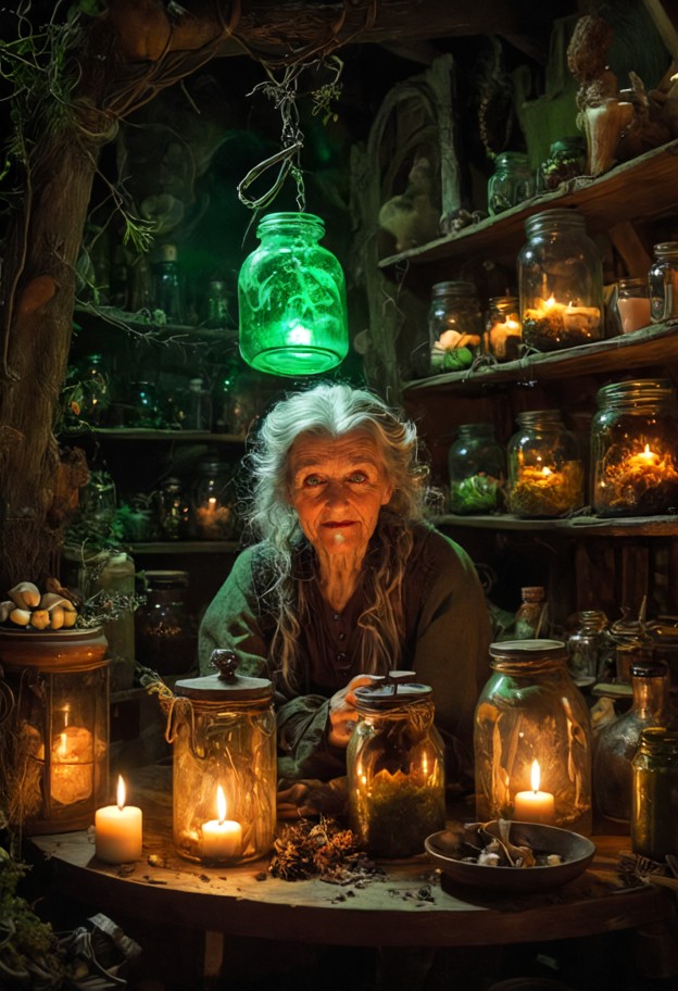 old hag brewing a strange bubbling potion inside her cluttered cottage,enormous iron cauldron surrounded by glass bot…