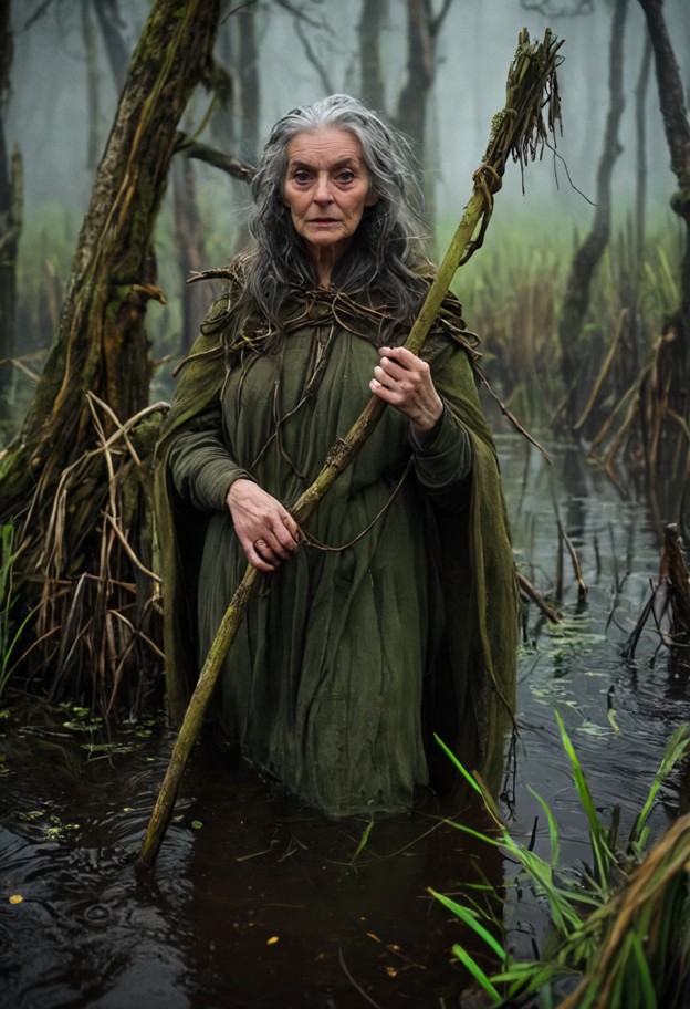 elderly female swamp hag standing knee-deep in murky water,muddy boots and weathered cloak,crooked wooden staff cover…