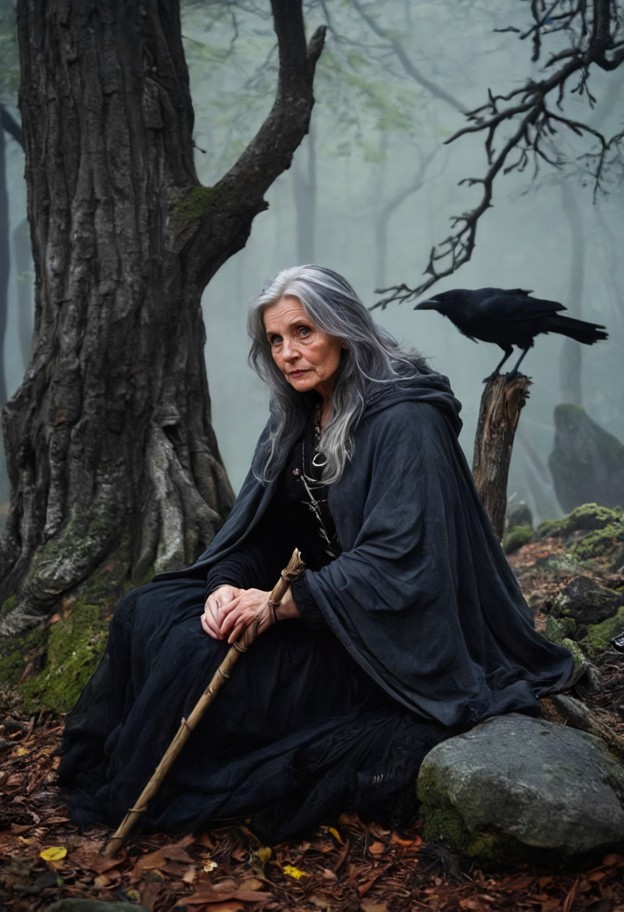 elderly hag sitting beneath a massive twisted tree surrounded by ravens,long silver-gray hair,weathered face,dark pat…