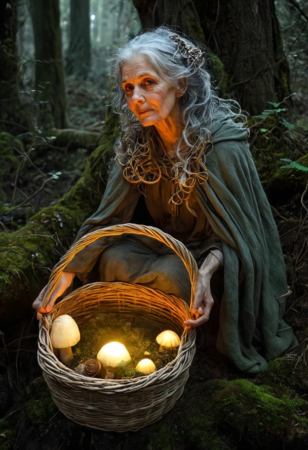 elderly woodland hag sitting beside enormous glowing mushrooms in a hidden forest clearing,weathered face,tangled gra…