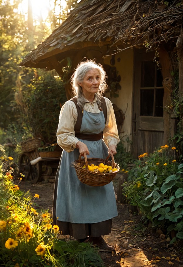 old hag tending an unusual garden outside her cottage,surrounded by enormous mushrooms,twisted herbs,strange flowers …