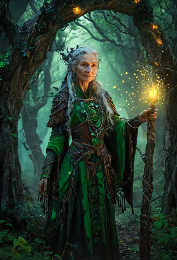 ancient female hag standing proudly at the entrance of her enormous enchanted woodland,weathered face,long tangled si…