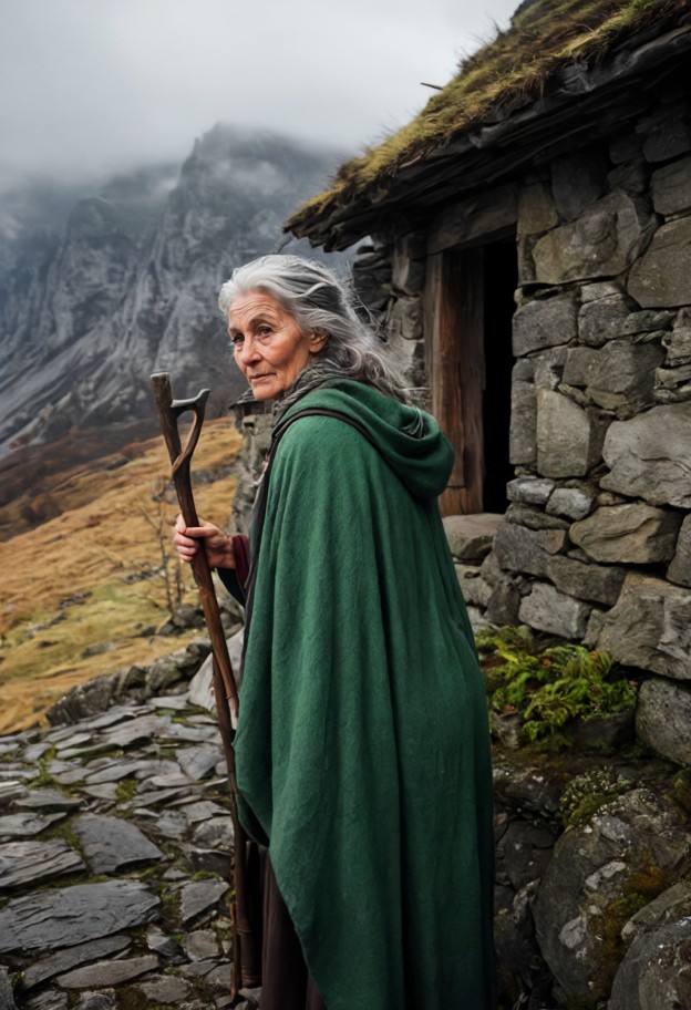 elderly female hag standing outside a tiny stone hut high in a misty mountain landscape,heavy wool cloak,crooked wood…