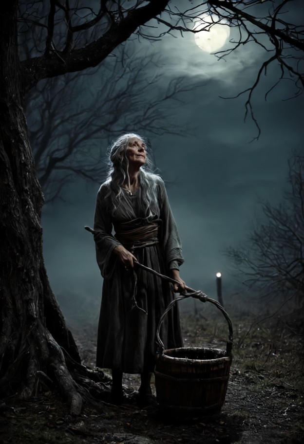 old hag standing beside an ancient stone well in the middle of a moonlit forest,lowering a wooden bucket into the dar…