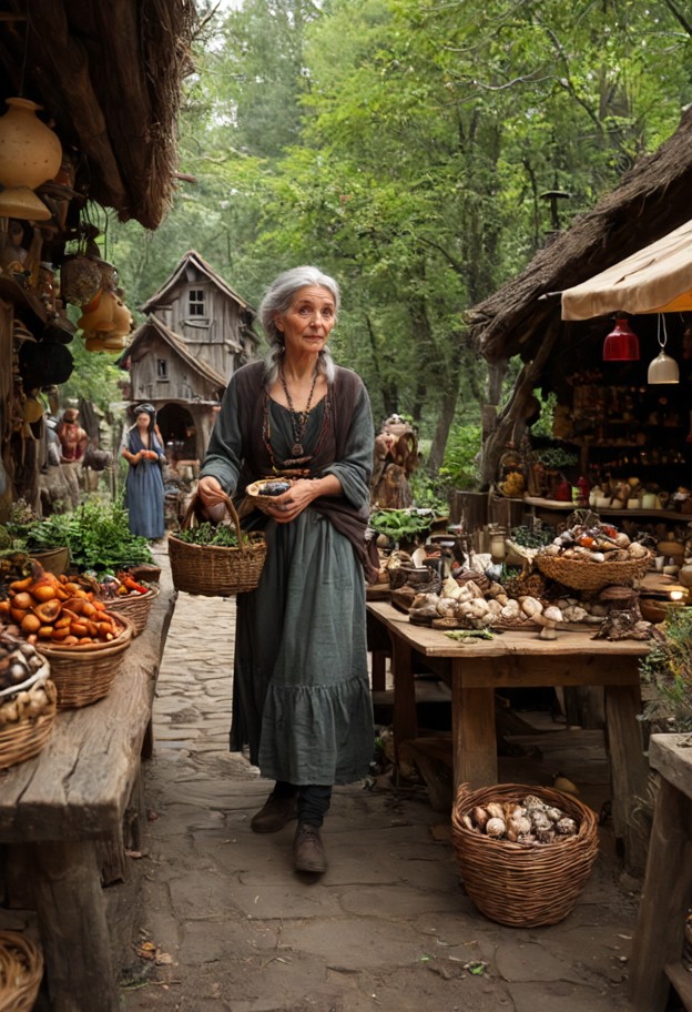 old hag selling mysterious herbs,mushrooms and magical ingredients at a tiny woodland market stall,crooked wooden tab…