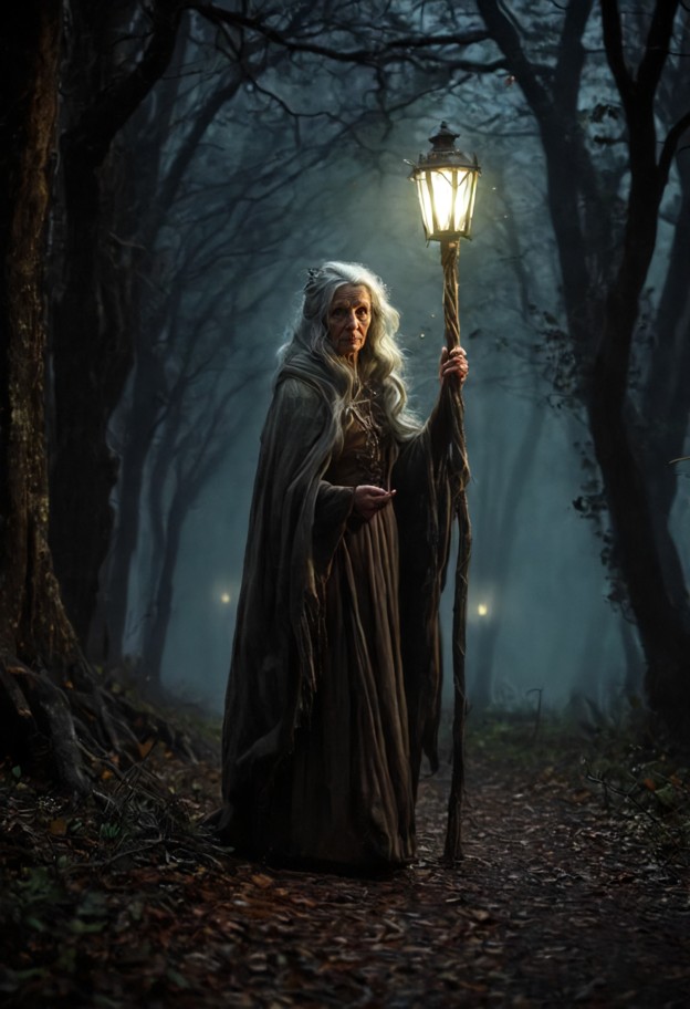 old hag walking alone along a fog-covered forest path at midnight,carrying an old lantern and crooked wooden staff,lo…