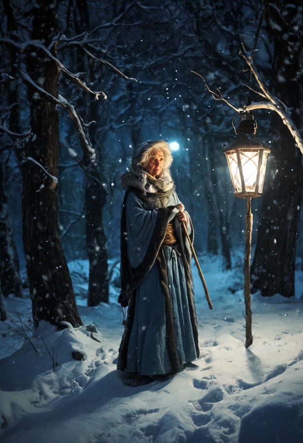 elderly hag walking through a snow-covered enchanted forest,wrapped in layers of worn wool and fur-trimmed clothing,c…