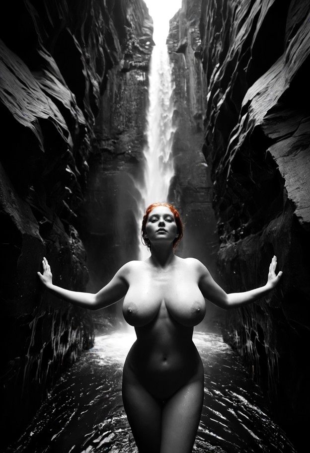 (model is standing in the waterfall:1.2) (high-contrast black and white monochrome,no color:1.4) a breathtaking high-…