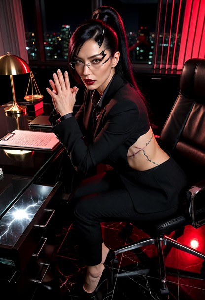 Location: midnight in a dark law office with polished floors and a black glass desk, illuminated by crimson city ligh…