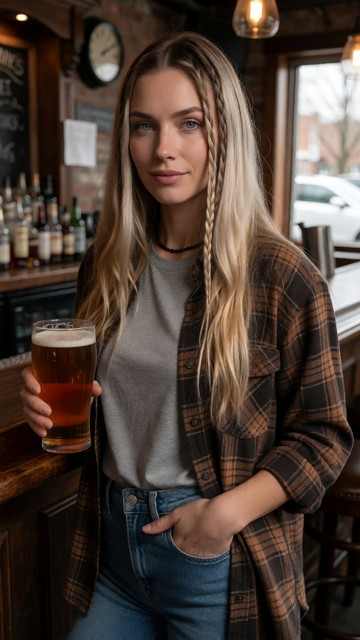 A Young Woman Stands At A Wooden Bar Holding A Pint Of — AI Porn Image