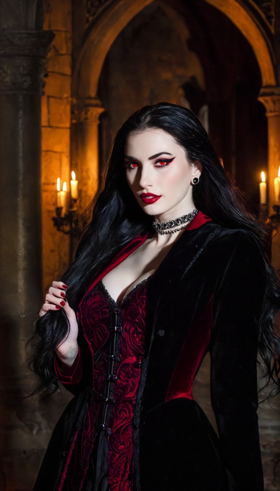 elegant victorian vampire nobleman standing in a candlelit castle hall,black velvet coat,crimson waistcoat,pale skin,…