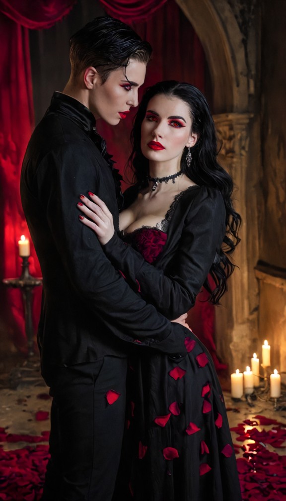 beautiful vampire embracing a human lover in a ruined ballroom,torn velvet curtains,scattered rose petals,candlelight…