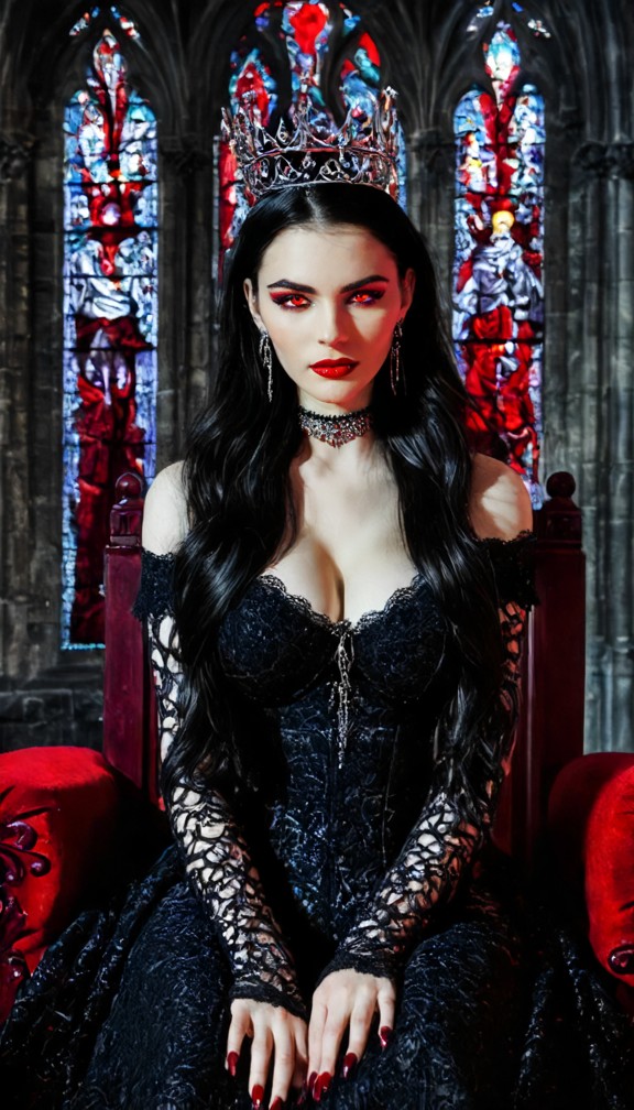powerful vampire queen seated on an ancient throne,elaborate black lace gown,silver crown,long dark hair,glowing crim…