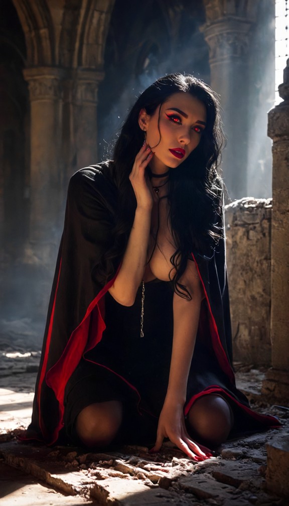 "a vampire crouched in the corner of a ruined church,their hands covering their face as sunlight filters through the …