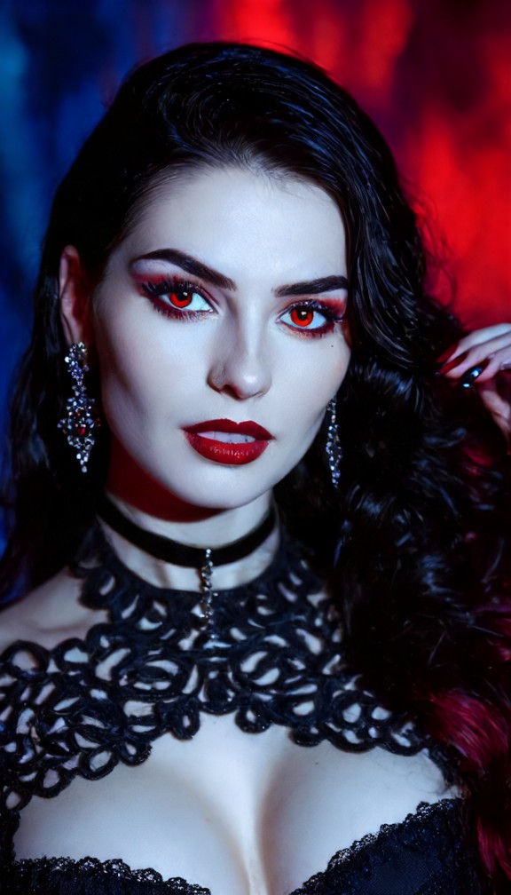 close-up portrait of a glamorous female vampire,porcelain skin,deep red lips,subtle fangs,black roses in her hair,dra…