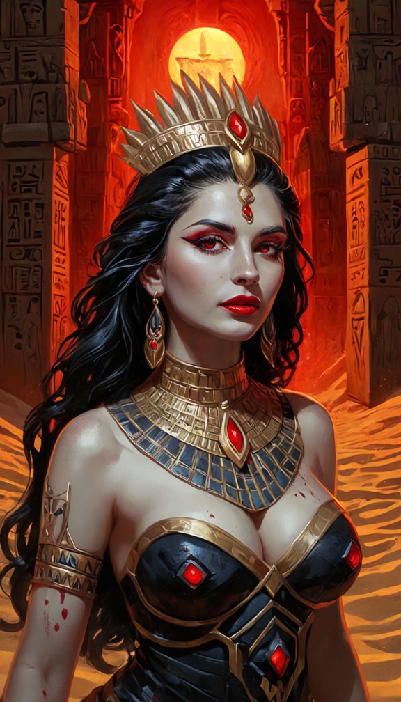 immortal vampire pharaoh rising from an underground tomb,ornate gold headdress,obsidian armor,glowing red eyes,hierog…