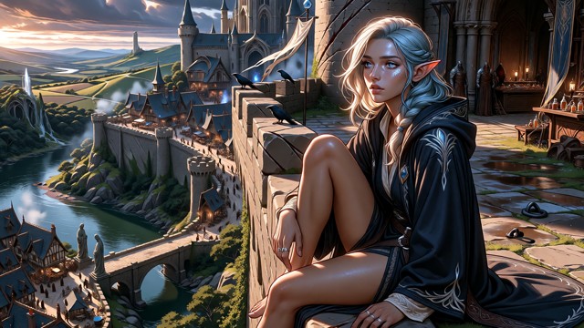 A highly detailed photorealistic image of a woman sitting on the edge of a wide rampart of a stone castle, backlit by…
