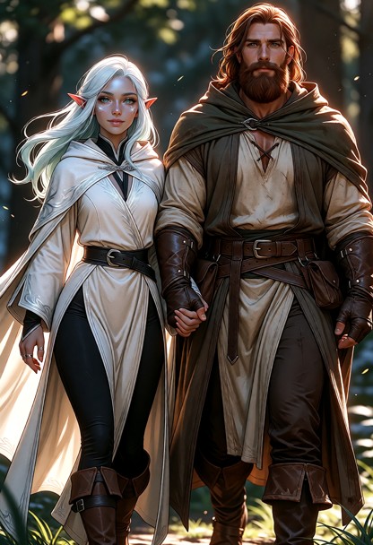 Elira, petite elven mage with long silver-white hair, pointed ears, and calm emerald eyes, wearing her signature laye…
