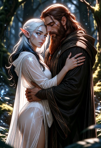 A full-body, head-to-toe side view of a couple standing in a magical forest, facing each other in a close hug. A woma…