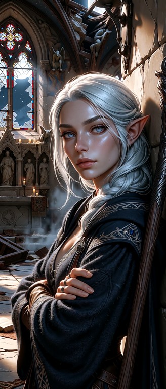 A young female mage leaning casually against a stone wall in the ruined altar room of an old church, arms crossed ove…