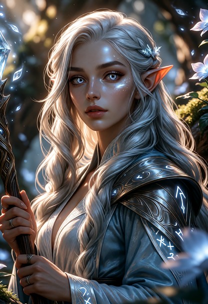 a beautiful petite woman with long wavy hair wearing elegant blue-and-silver enchanted robes decorated with glowing r…