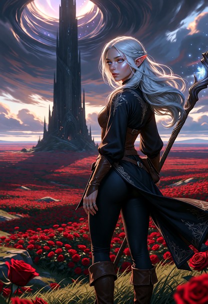 An epic wide shot from a high grassy hill. Elira stands in the foreground with her back to the viewer, form fitting s…