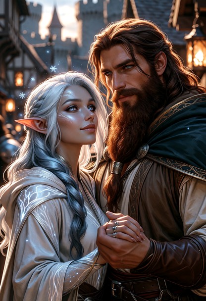 a beautiful elven sorceress and her human lover, a tall, muscular, fit caucasian, (human male:1.9), battle mage, hand…