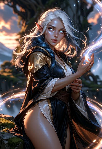 a breathtakingly beautiful, petite elven sorceress stands atop a windswept, moss-covered stone ruin at twilight. her …