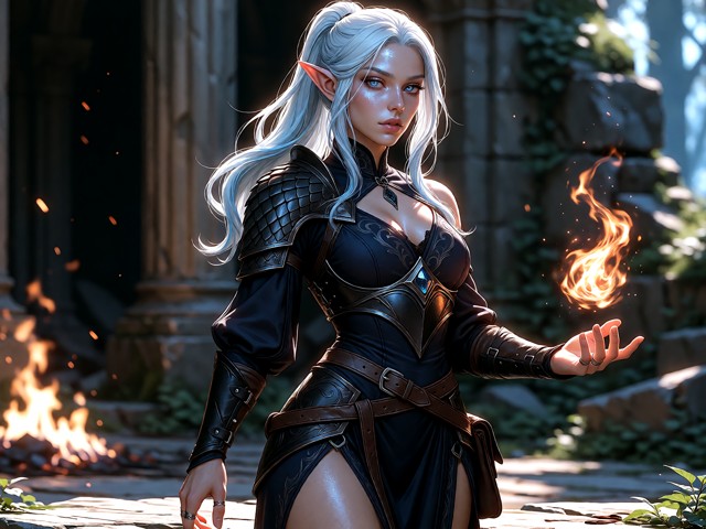 A highly detailed photorealistic image of Elira. The backlight creates a luminous rim of light around her hair and th…