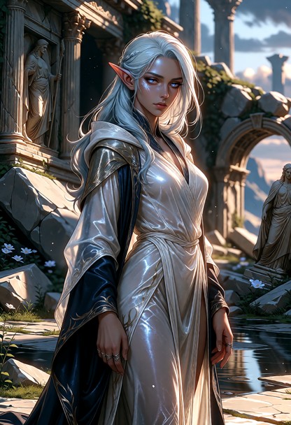 A full-body shot of a high-elf Archon woman standing in the broken heart of an ancient lost civilization. She is tall…
