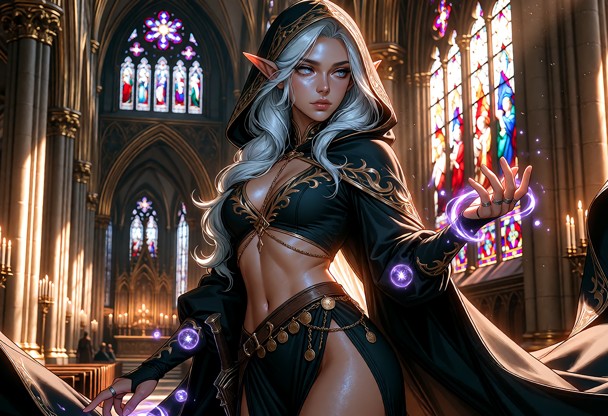 Outfit: a dark teal-black mage set with heavy gold embroidery. A deep hood framed in gold scrollwork. The cropped top…