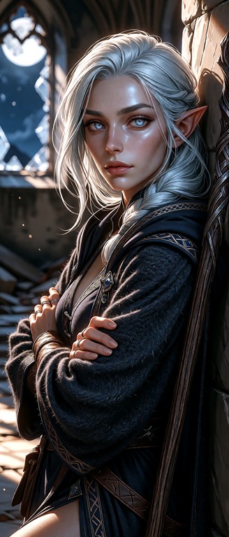 A young female mage leaning casually against a stone wall in the ruined altar room of an old church, arms crossed ove…