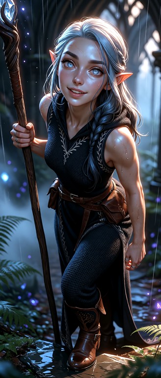 Photorealistic fantasy portrait, cinematic illustration, painterly skin with photographic pores, sharp micro-detail o…