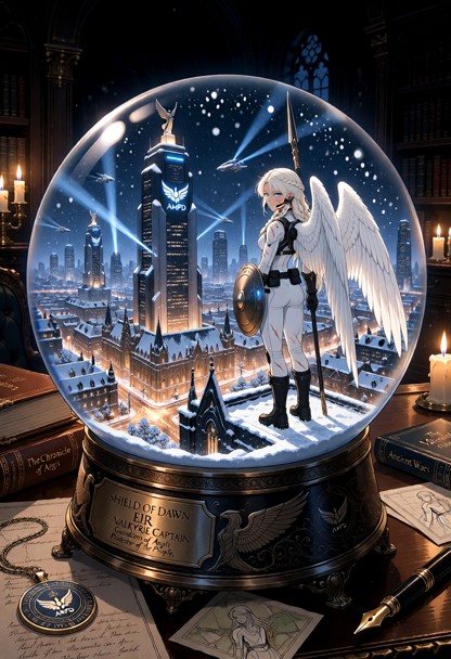 A highly detailed cinematic fantasy sci-fi snow globe featuring Eir, the Valkyrie Captain, displayed on the wooden de…