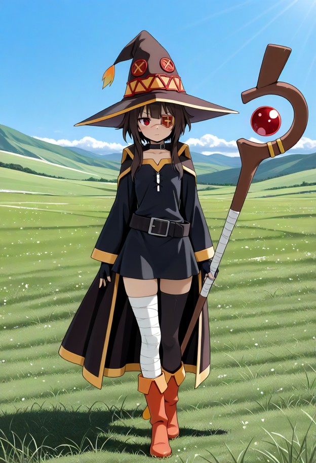 she is standing in a field holding a staff,blue mage robes,gold embroidery,white undershirt,grassy field,blue sky,dis…