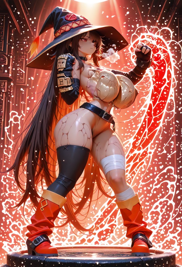 gigantic breasts(big chest: 5.5) 1girl,solo,punching,standing on ring,front view,muscular,abs,thick_thighs: 4.5,wide_…