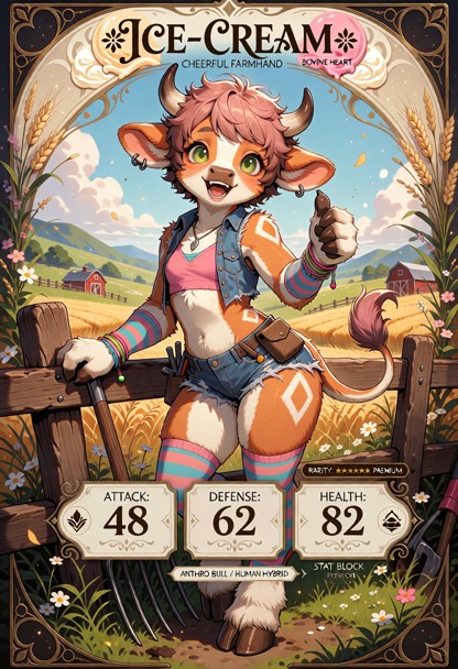 Create a premium fantasy collectible trading card featuring **Ice-Cream**, a 26-year-old anthropomorphic bull and hum…