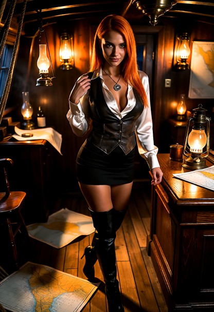 Location: inside a dimly lit captain's office on a sailing ship at night, with the warm, flickering glow of oil lamps…