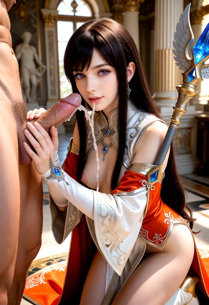 She is in a magnificent palace, surrounded by sculpted columns, elegant architecture, and warm natural light that enh…