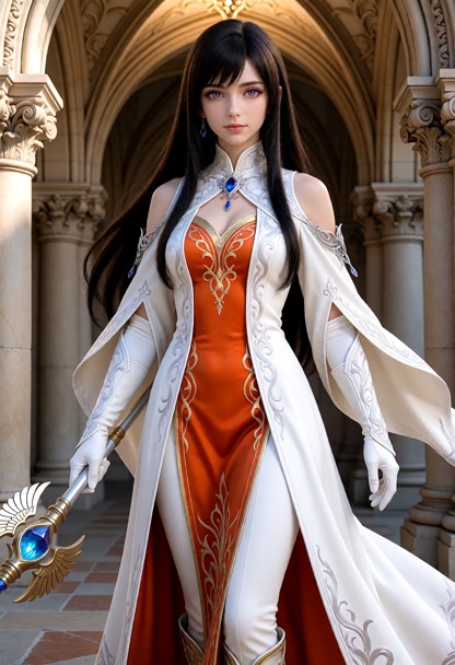 She wears an elegant fantasy outfit consisting of a fitted orange dress with intricate gold embroidery, layered benea…