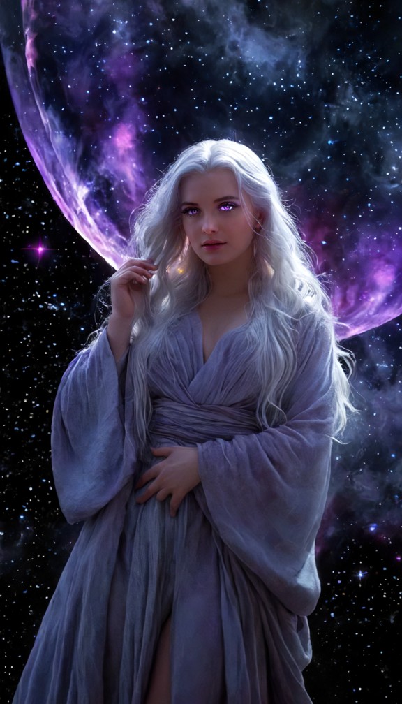 woman with large translucent crescent-shaped wings glowing like moonlight,pale violet skin,silver hair,flowing ethere…