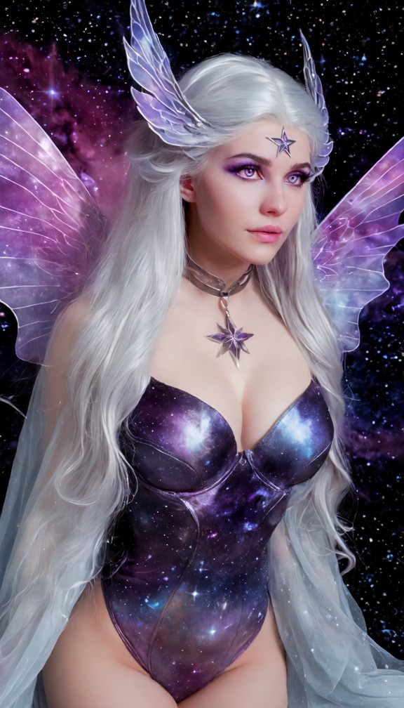 young woman with lunala-inspired pale violet eyes and silver hair,delicate crescent-wing ornaments,soft stardust veil…