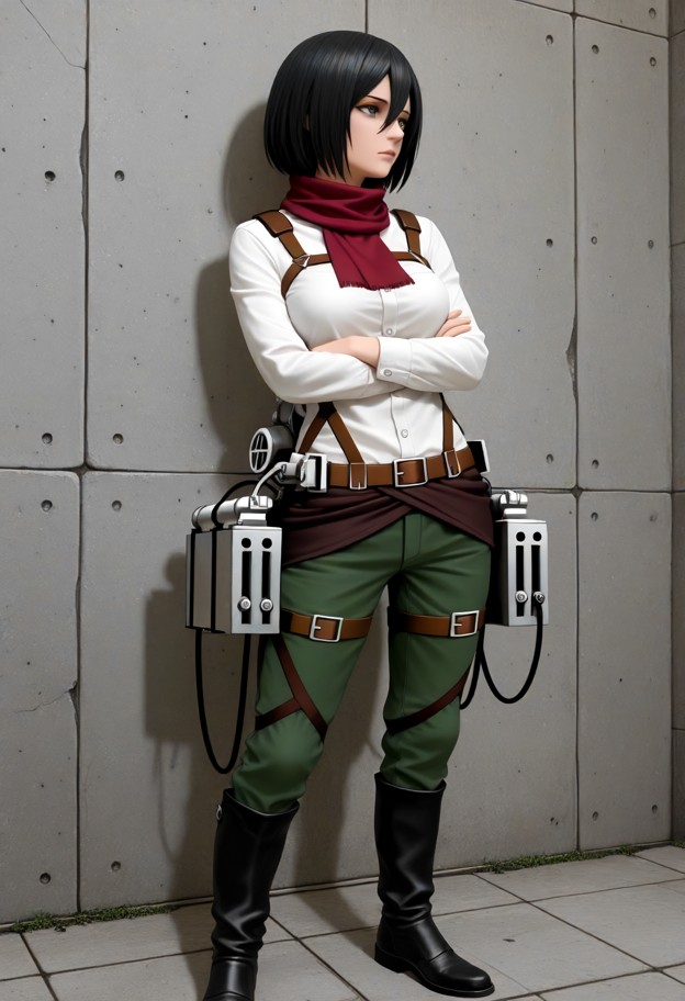 1girl in military uniform,standing at attention,arms crossed behind back,gray walls,concrete floor,3d maneuver gear,w…