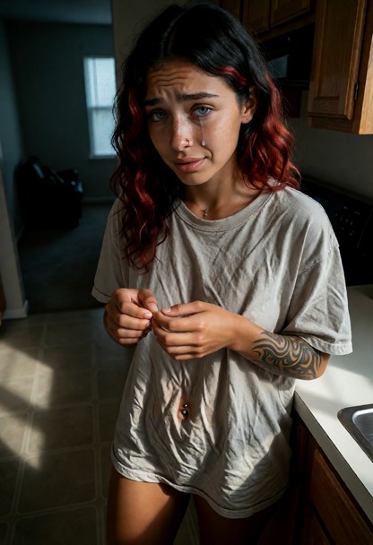 Location: dim kitchen in the late afternoon with long, moody shadows stretching across the linoleum floor and a faint…