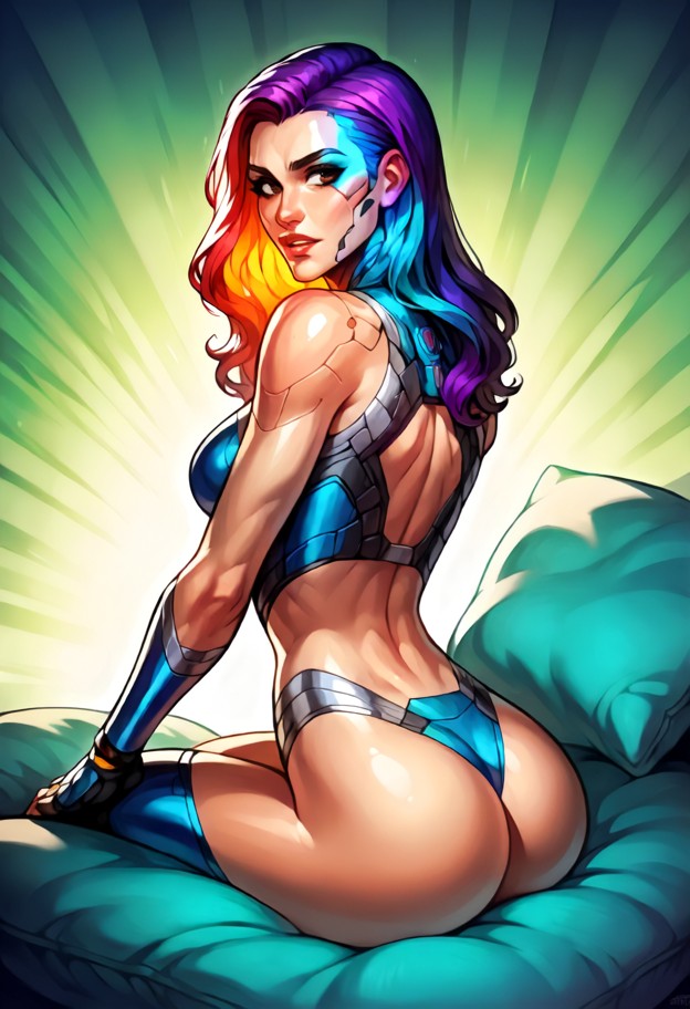 1girl,sit,humping (pillow),futuristic techwear,visor,sci-fi outfit,glowing accents,metallic makeup,minimal jewelry,ne…