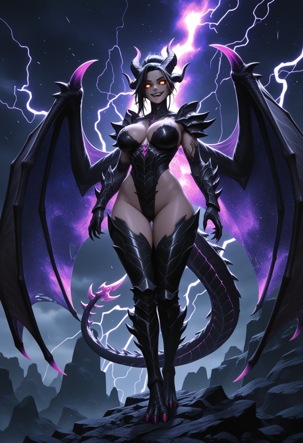 (female dragon-humanoid hybrid:1.3),long flowing silver hair,(glowing purple eyes:1.2),majestic curved horns,intricat…