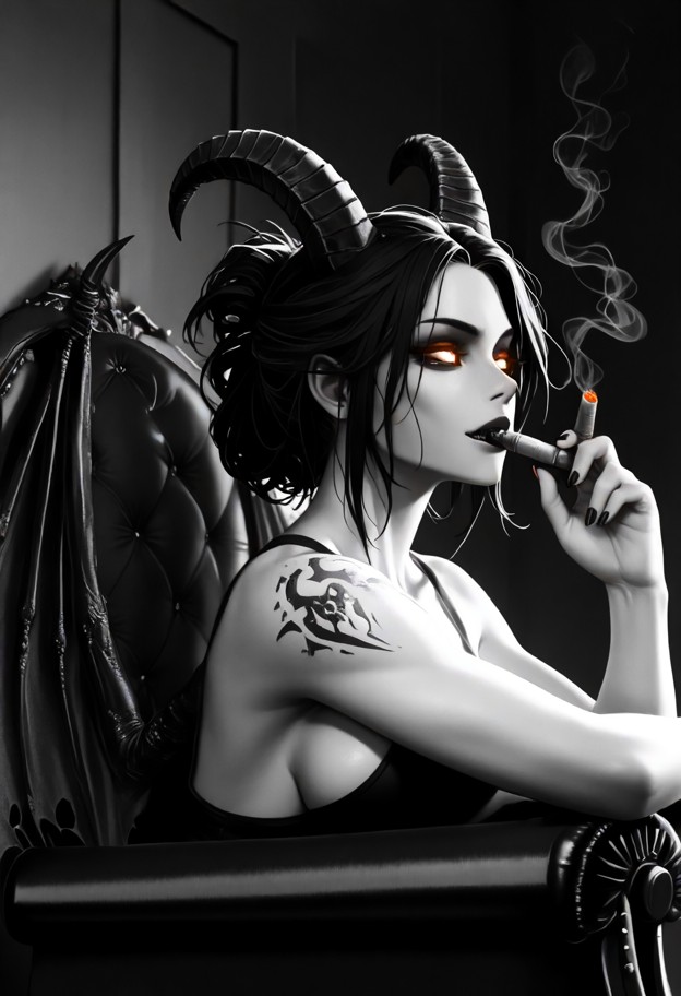 medium shot of a woman sitting in a worn armchair,smoking a cigar,upper body clearly visible,relaxed but heavy postur…