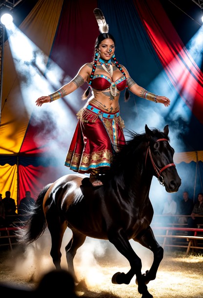 Location: a grand circus tent at night, where bright spotlights pierce through a hazy atmosphere, casting intense whi…