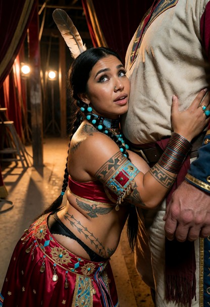 Location: a dimly lit circus backstage area behind heavy velvet curtains, where warm amber light from distant stage l…