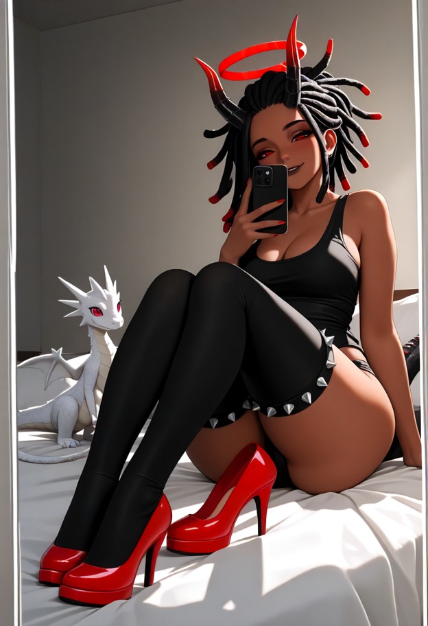 flirty,subtle smile,direct gaze,soft expression,full-body view,head-to-toe composition,centered frame,bedroom,bed,pil…